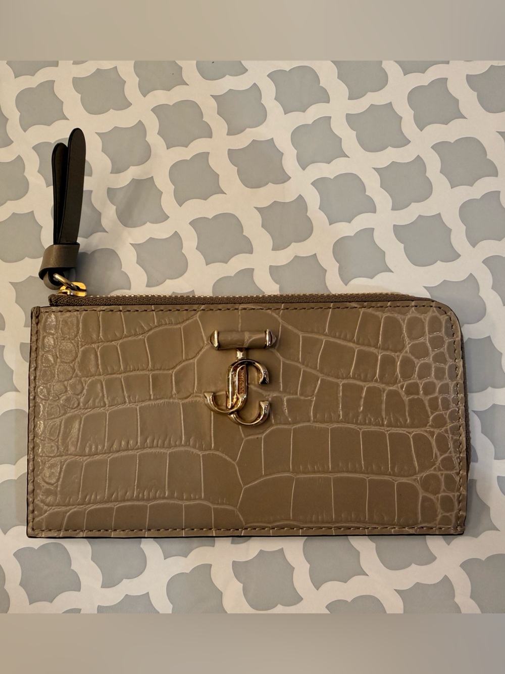 Jimmy Choo Taupe Croc-Embossed Zip Card Case with Gold Logo